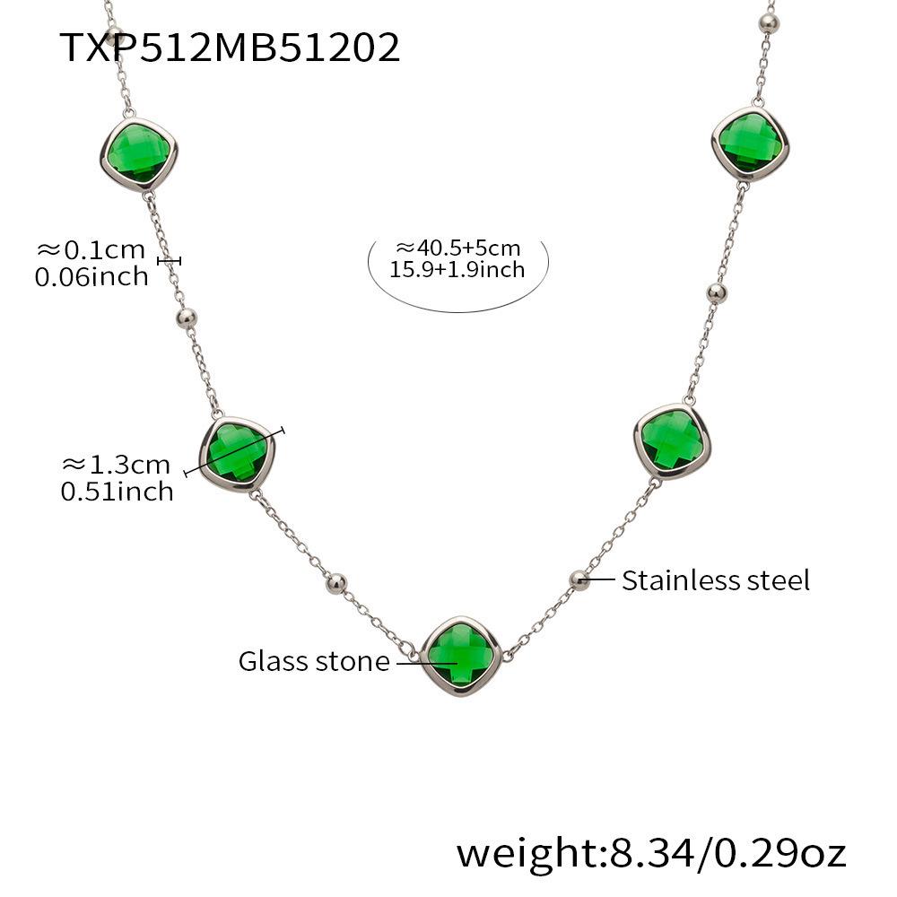 Stylish European & American Stainless Steel Jewelry Set with Square Faceted Glass Stones: Includes Bracelet, Necklace, and Earrings