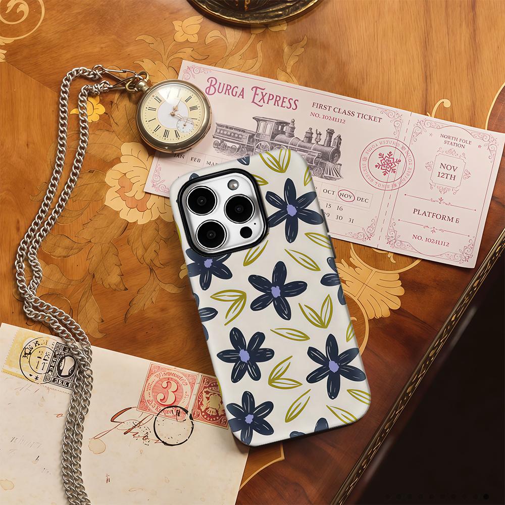 Navy Flower & Olive Leaf Phone Case for IPhone 17AIR 16E 16 15 14 13 12 11 17 Pro Max Plus Double-layer Back Cover