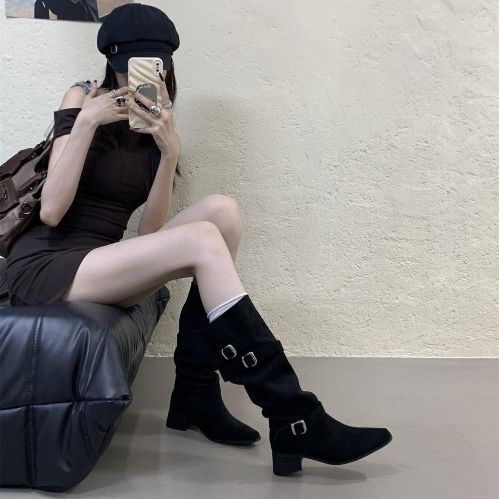 2025 Autumn and Winter Western Skinny Long Knight Boots Khaki High Heel Suede Pile Medium Boots Women's Boots