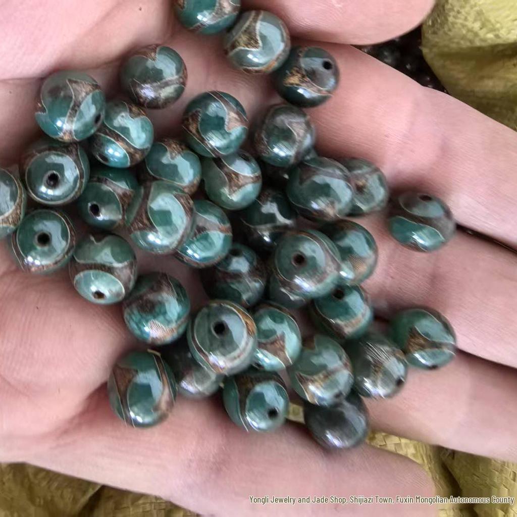 Natural 10mm Green Tiger Tooth Tibetan Dzi Agate Beads - Loose Accessories