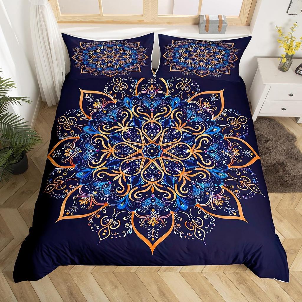 Lotus Duvet Cover Trippy Dreamy Mandala Bedding Set,Boho Floral Comforter Cover Exotic Tribal Damask Flowers Bed Set Twin Queen