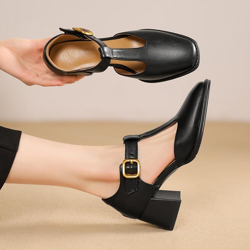 Fashion NEW Summer Women Sandals Split Leather Shoes for Women Square Toe Chunky Heel Shoes Retro Mid-heel Mary Janes Retro Black Shoes