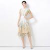 Summer Fashionable Short Sleeve Slimming Water Soluble Lace Dress Vintage Stand Collar Ruffles Splice Lace Mid-Length Dress