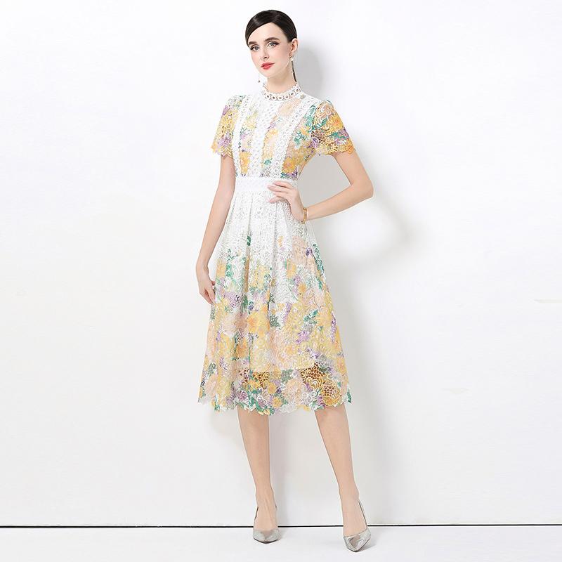 Summer Fashionable Short Sleeve Slimming Water Soluble Lace Dress Vintage Stand Collar Ruffles Splice Lace Mid-Length Dress
