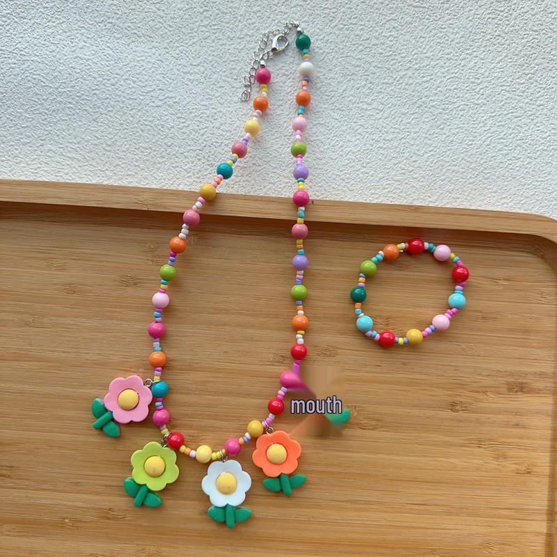 Koreanisches Niedliches Kinder-Blumen-Halsketten- & Armband-Set für Herbst/Winter