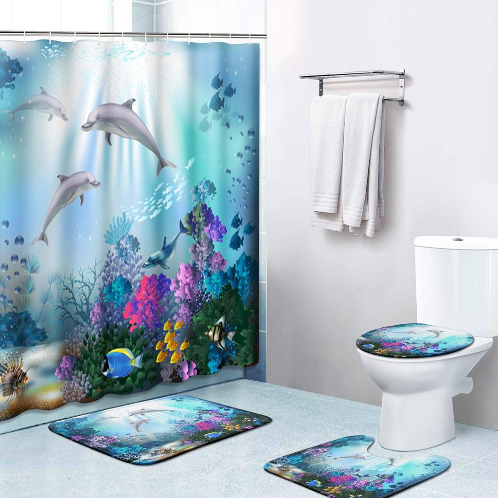 Fashion Sea World Dolphin Shower Curtain Set Bathroom Shower Curtain Set Non-Slip Bath Mat Toilet Lid Cover Polyester Waterproof