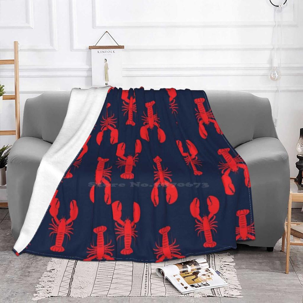 Lobsters-Red On Navy Low Price New Print Novelty Fashion Soft Warm Blanket Red Lobster Sea Life Designs Watercolor Lobsters