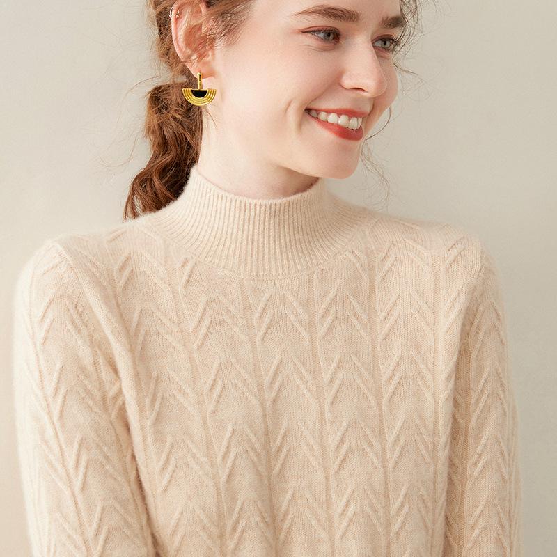 Women's 2025 Double-strand Thick Branch Pattern Half-high Collar Cashmere Wool Knit Sweater