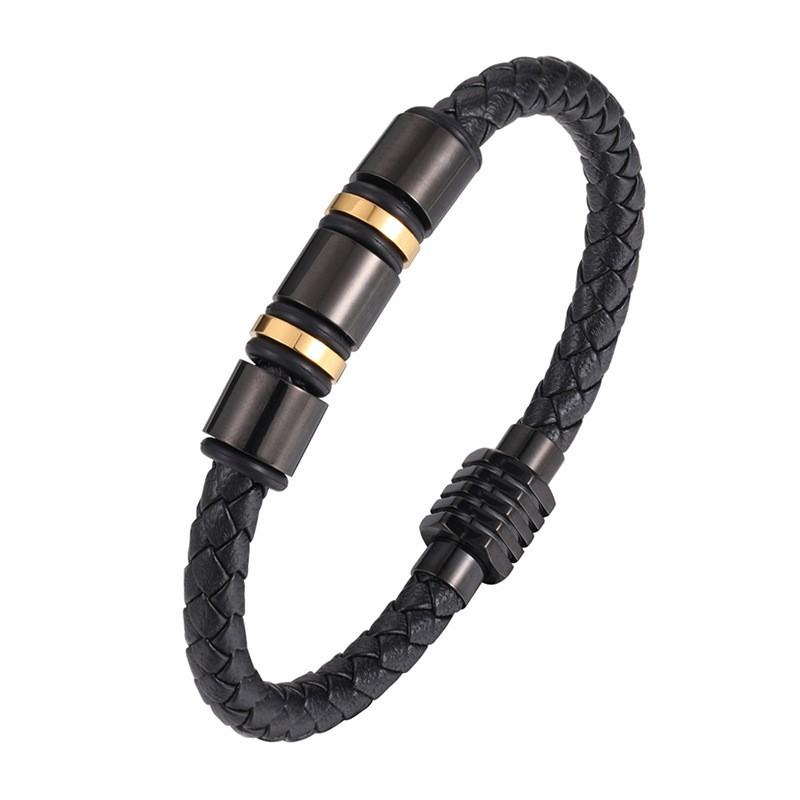 Geometric Leather Braided Bracelet Men Titanium Steel Adjustable Wristband Fashion Minimalist Accessory 19 cm