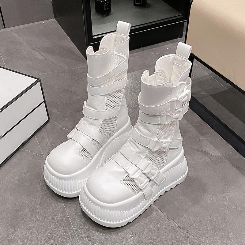 8.5CM  Air Mesh Women Chunky Sneakers Hollow Ankle Booties High Brand Platform Wedge Flats Fashion Causal Shoes
