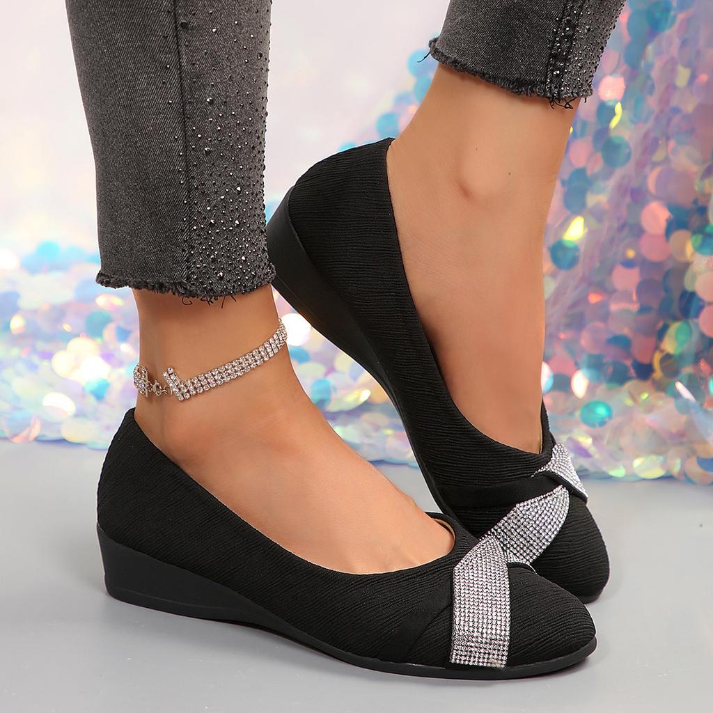 Ballerinas im französischen Stil, bequeme und stilvolle Einzelne Schuhe mit niedrigem Absatz, Damen-Fla mit niedrigem Ausschnitt, verziert mit Strasssteinen