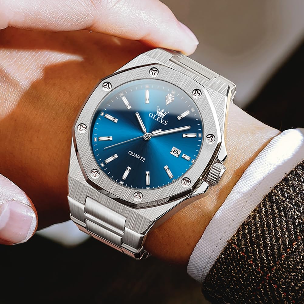 Olevs Octagonal Watch Men's Silver Popular Waterproof Analog Quartz Men's Dress Business Stylish Stainless Steel Men's Watch Date Lightweight Large