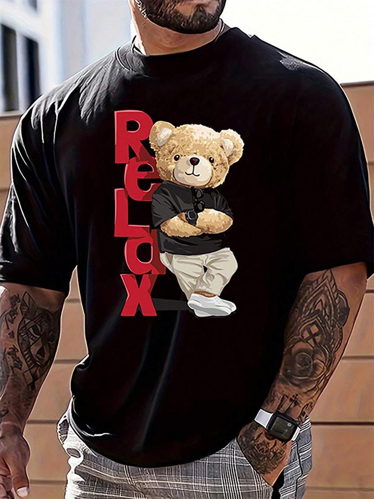 Men's Summer 100% Polyester Fashionable Casual Loose Large Size Letter Bear Printed Sports Round Neck Short Sleeve T-shirt Top