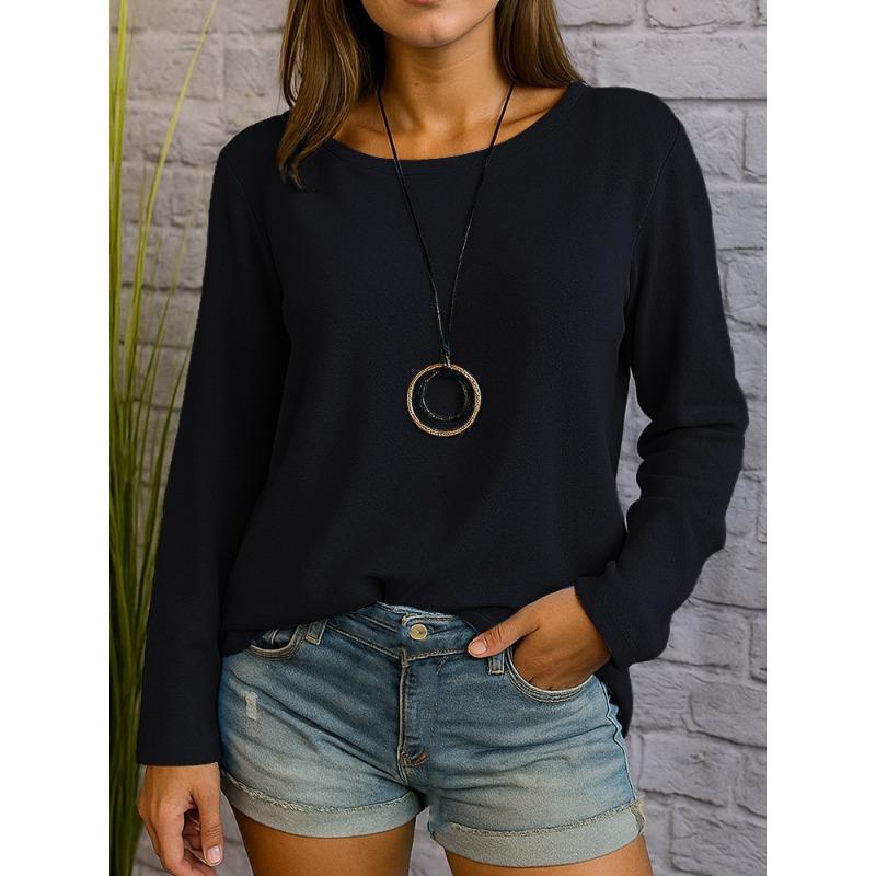 JPNTKY Women's Fashion Casual Solid Color Print Long Sleeve O-Neck Blouses & Shirts
