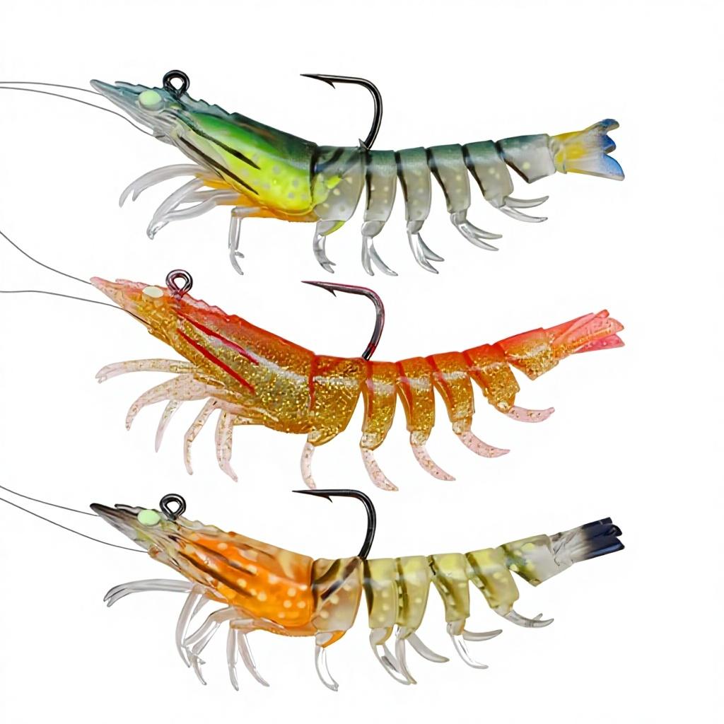 TPR 3-Piece Artificial Soft Bait Shrimp-Shape Multi-section Lure Hooks for Bass Fishing for Ocean Boat River Printed