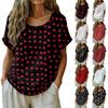 Women's Vintage Print Short Sleeve Top - Round Neck, Cotton Linen Fabric