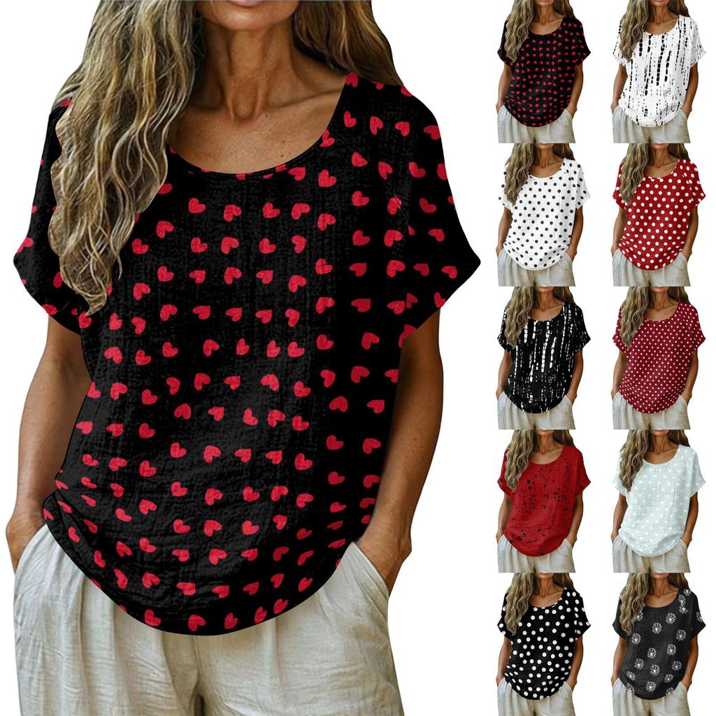 Women's Vintage Print Short Sleeve Top - Round Neck, Cotton Linen Fabric