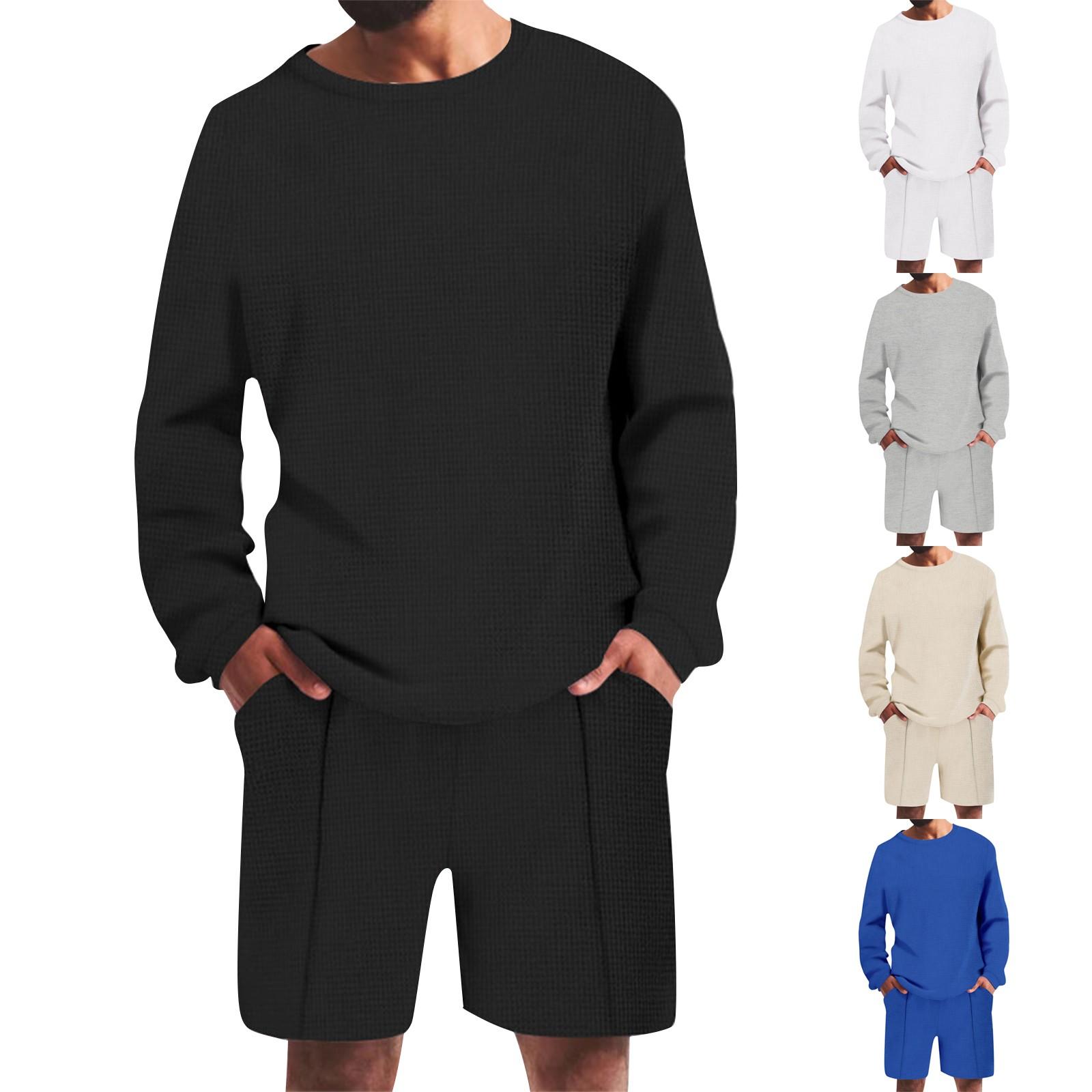 

Летний мужской однотонный повседневный комплект, футболка с длинными рукавами и круглым вырезом, свободные шорты, комплект из двух предметов