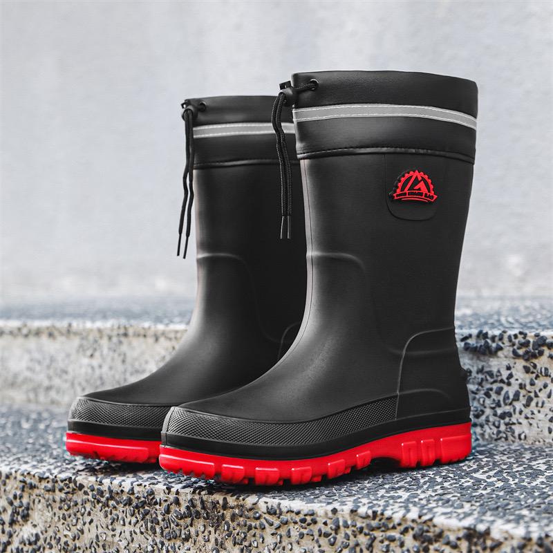 Fashion Men Rain Boots Outdoor Waterproof Rubber Boots Mid-calf Rubber Galoshes Winter Plush Warm Rain Boots Non Slip Men Fishing Shoes