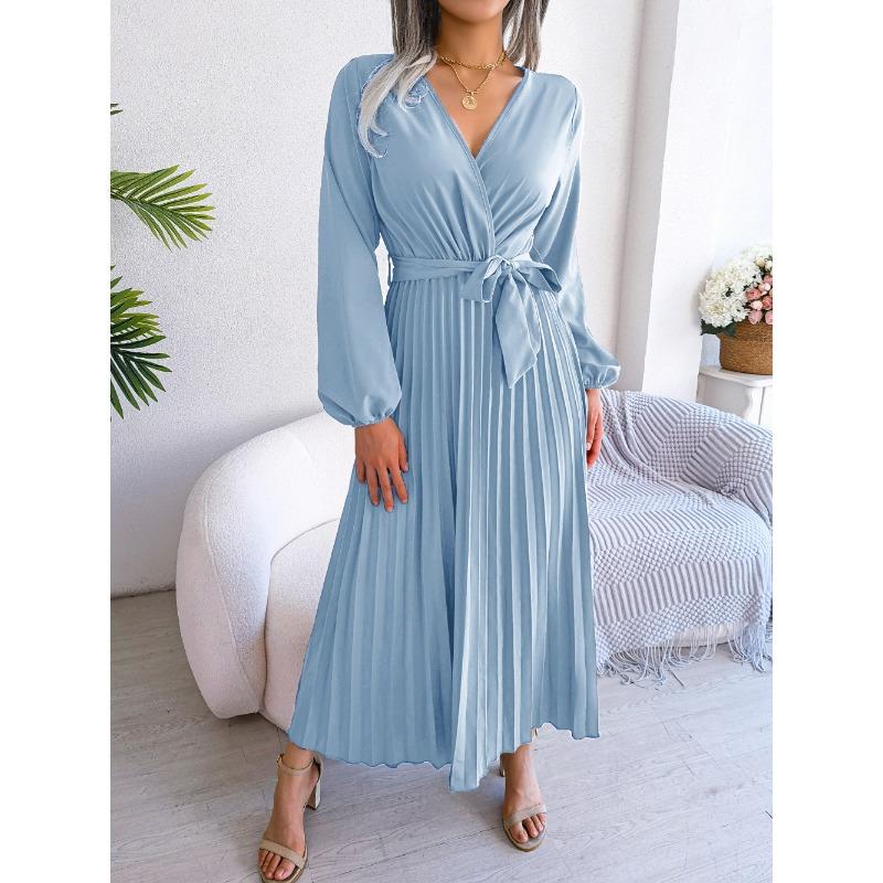 VEZFAA Women's Fashion Summer Spring Solid Color Print Long Sleeve V-Neck High Waist Casual Dresses