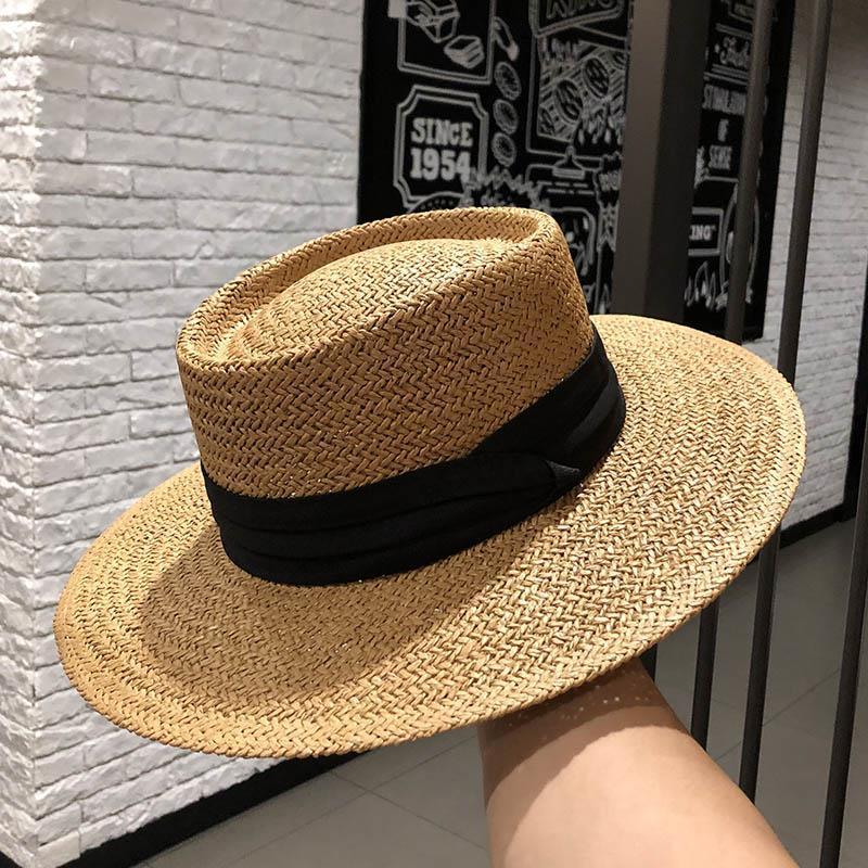 French Style Straw Boater Hat for Women, Wide Brim Sun Cap for Spring Summer Beach, British Retro Flat Top