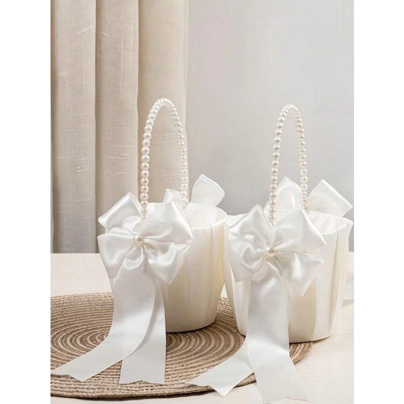 1PC Bow Faux Pearl Wedding Flower Basket - White Bow Flower Basket, Satin Flower Basket, Suitable For Wedding Party Decoration