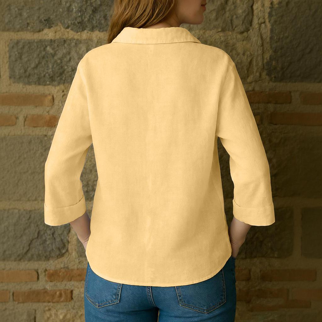 Women's Color Button Pocket Lapel Loose Cotton And Linen Shirt Top