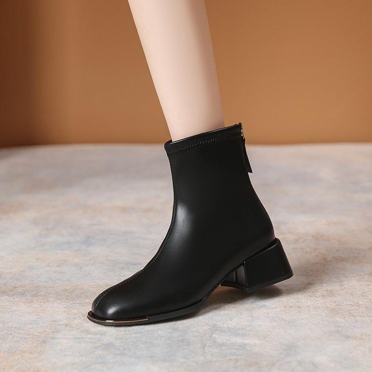 Temperament square head side zipper thick heel short boots women's 2024 autumn and winter new versatile washed pattern retro fashion