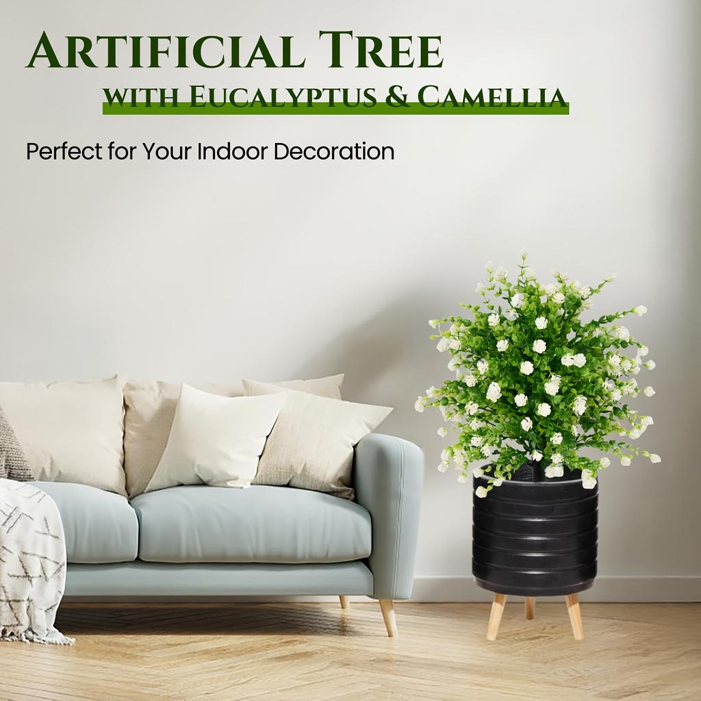 2pcs Outdoor Artificial Greenery Trees with Faux Eucalyptus & Camellia Flowers, Ground Stakes Included - Perfect for Garden, Patio, All-Season Decor