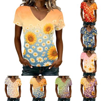Women's Casual V Neck Short Sleeve Floral Print T Shirt Top Lightweight Breathable Summer Tee Shirt for Daily Wear