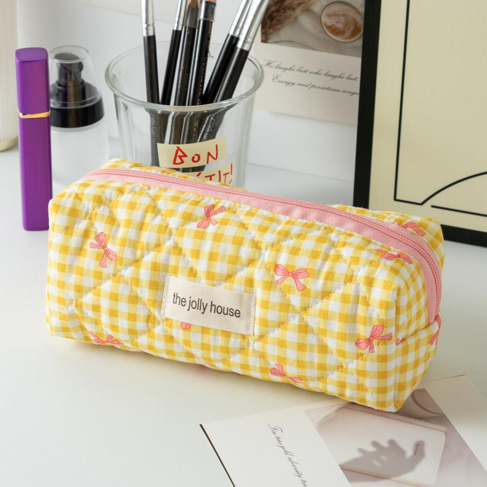 

Makeup Bag Bow Pencil Case With Soft Fabric For Travel And Daily Fashion Use Yellow