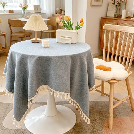 Tovaglia in Cotone e Lino con Bordi Frangiati, Tovaglia Monocolore Lavabile con Nappe, Copritavola Rotondo per Cucina Sala da Pranzo