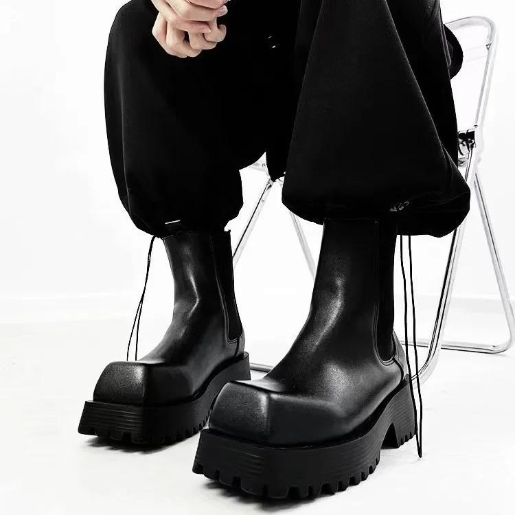 Fashion Square Toe Platform Black Boots Women/men 2025 New Autumn Winter Fashion Ankle Boots Wedges Side Elastic Fabric Slip On Shoes