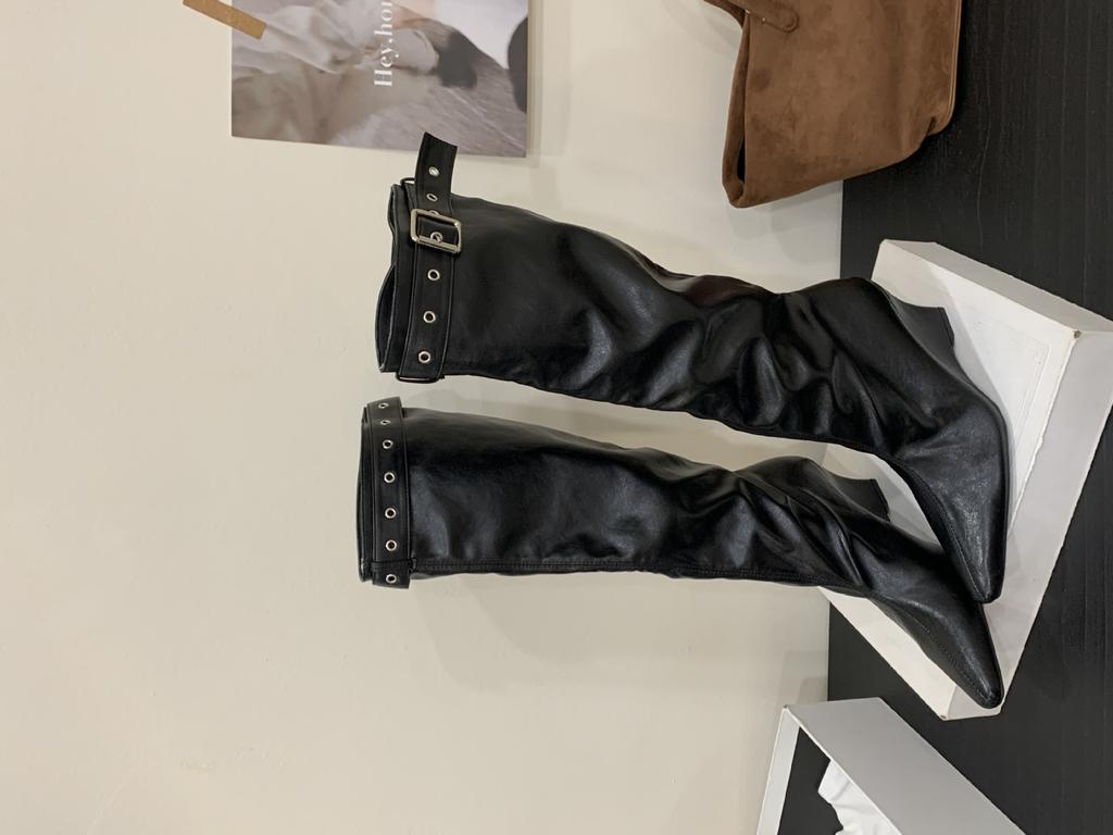 2025 new over-the-knee boots women's niche belt buckle stacking boots tall knight boots wedge heel western cowboy boots