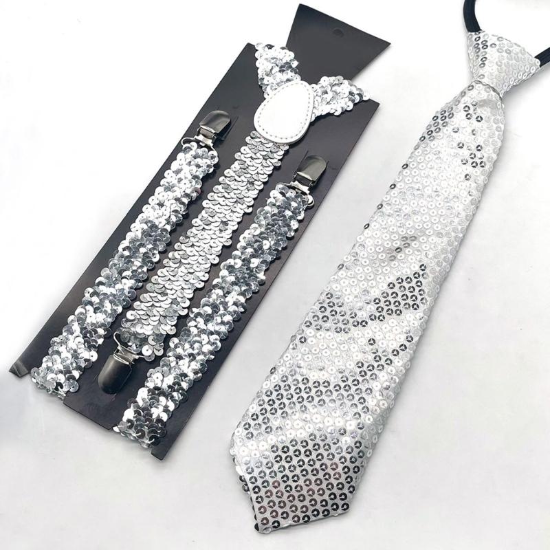 Verstellbares Pailletten Hosenträger und Krawatten Set für Herren mit Metallclip für Hochzeiten und Mottopartys Kostümzubehör
