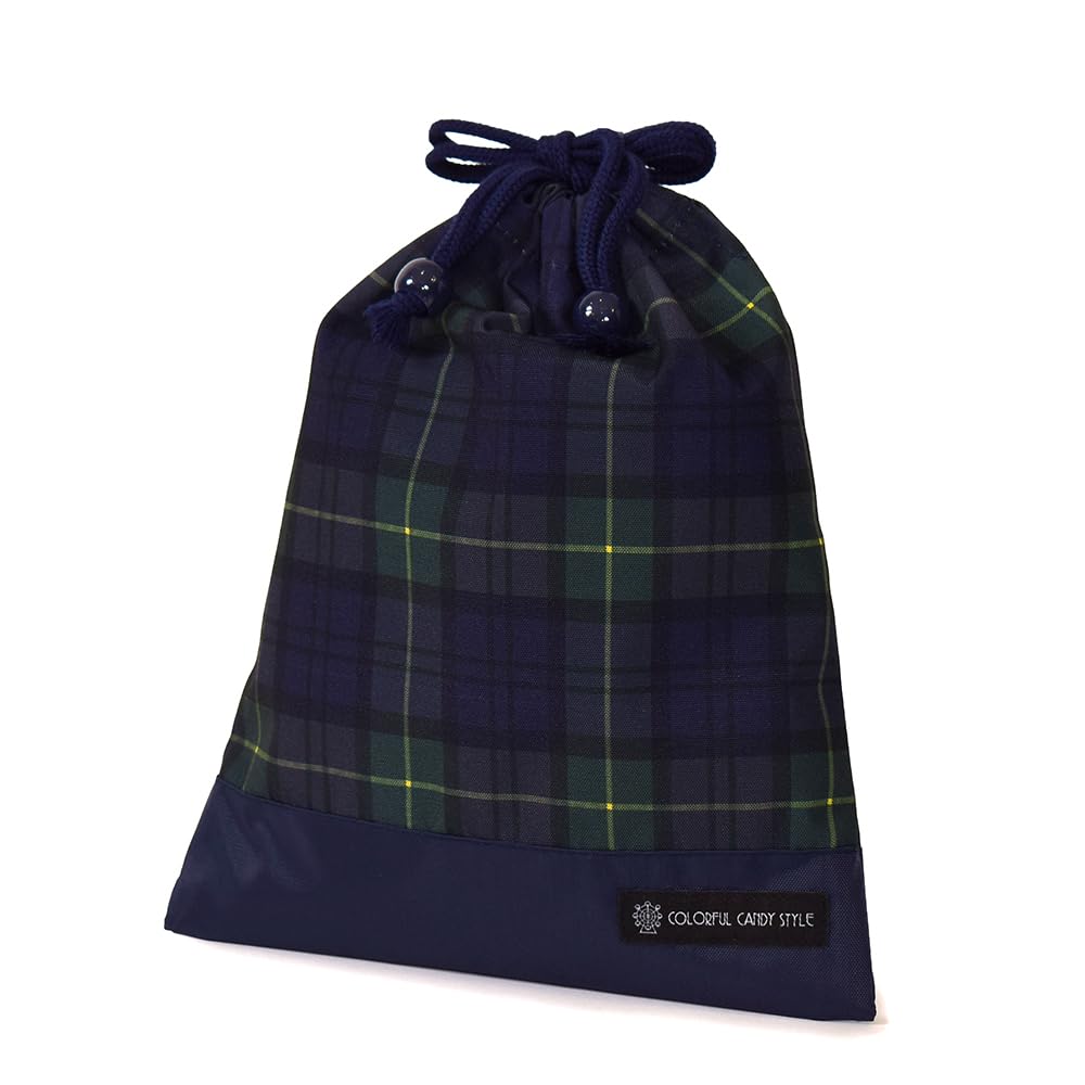 COLORFUL CANDY STYLE Drawstring Lunch Bag, Medium, No Gusset (with Name Tag), Water-Repellent, No-Iron, Tartan CheckDark Green, Water-Repellent,