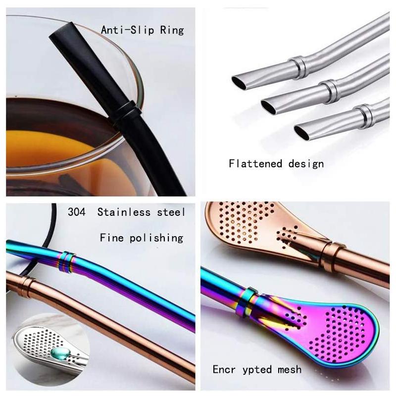 2pcs Yerba Mate Bombilla Stainless Steel Straw Loose Leaf Tea Infuser Dringking Spoons Filter Stirring Straws W Cleaning Brush 5