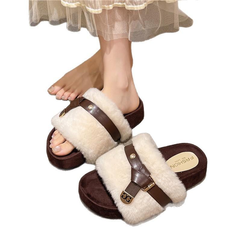 2025 Autumn and Winter Fashion Niche High-end Baotou Ins Trendy and Comfortable Plush Warm and Heightening Fluffy Slippers