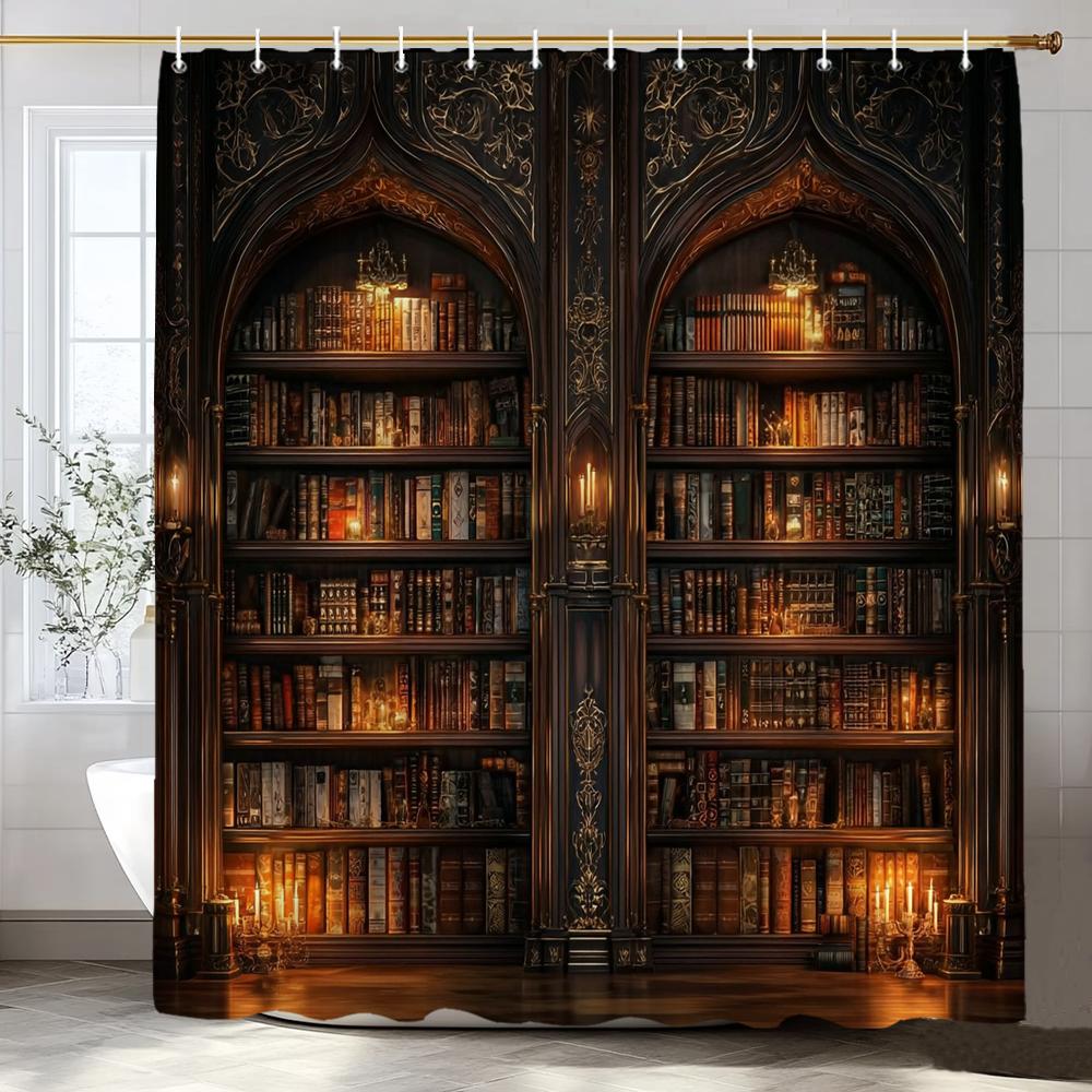 1pc Vintage Library Shower Curtain Old Book Bookshelf Candles Home Polyester Fabric Bathroom Decorative Home Curtain With Hooks