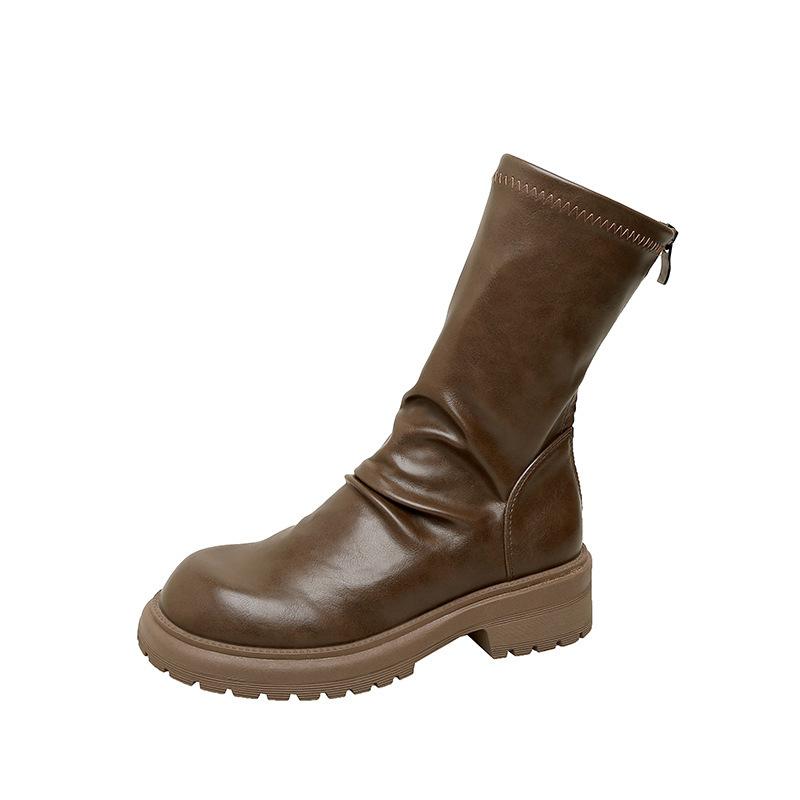 Grape Mother Winter New Pleated Stacking Boots Casual Style Korean Version Knight Boots Comfortable Soft Leather Retro Short Boots
