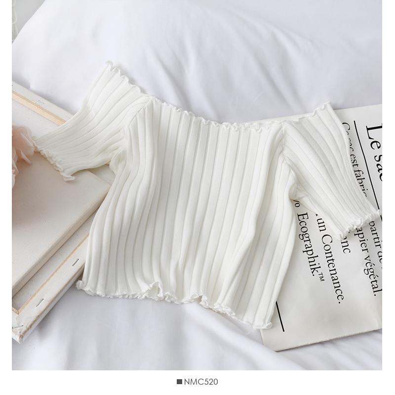 

Жіноча футболка з рюшами і коротким рукавом, в’язаний укорочений топ з відкритими плечами, гнучкі футболки, жіночі однотонні вуличні топи, літні S білий