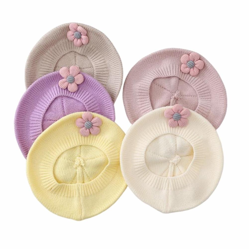 Beret Hat For Baby Girl, Solid Color Knitted Beanie Cap, Cute Flower French Artist Beret Hat, Winter Warm Beanie Cap