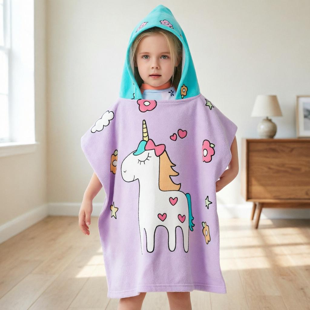 Ultra-Fine Fiber Cartoon Print Kids' Hooded Bath Towel Poncho