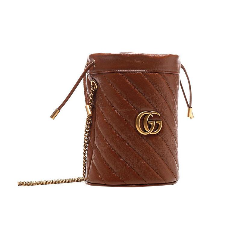 Gucci GG Marmont distressed drawstring chain shoulder strap calfskin bucket bag crossbody shoulder bag women's dark brown