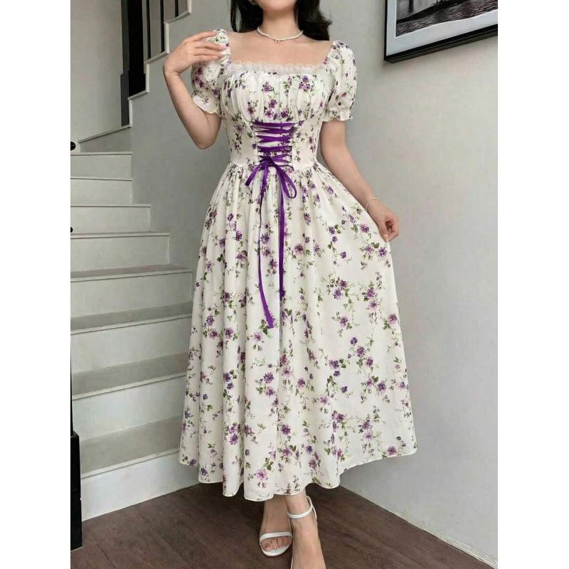 2026 European and American Women's Clothing, Standing French Square Neck Bubble Sleeve One-word Shoulder Floral Dress