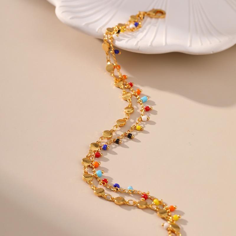 Bohemian Double Layer 18k Gold Plated Color Small Beads Ethnic Style Women Foot Anklet