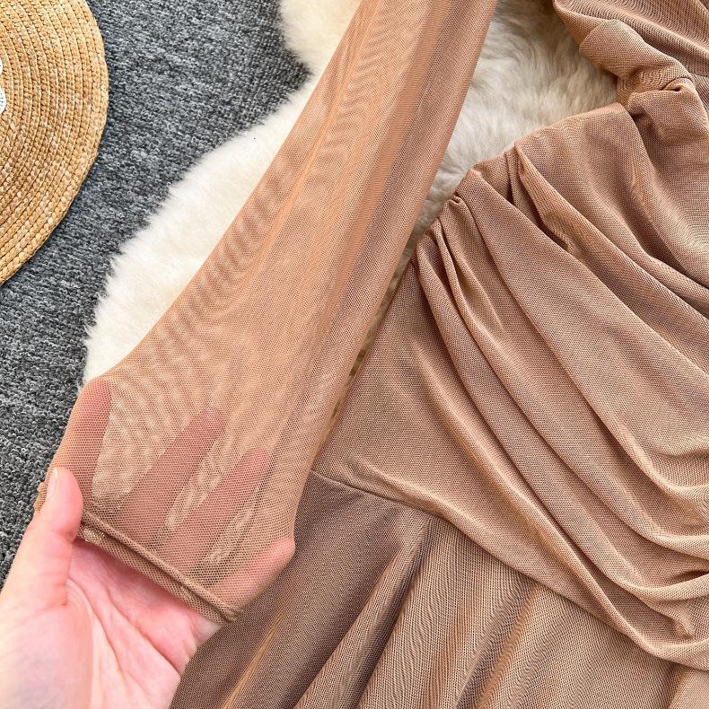 Women Summer Spring Elasticity Long Sleeve Color Soild V-Neck Casual Sheath A-Line Mini-Length High Waist Dress