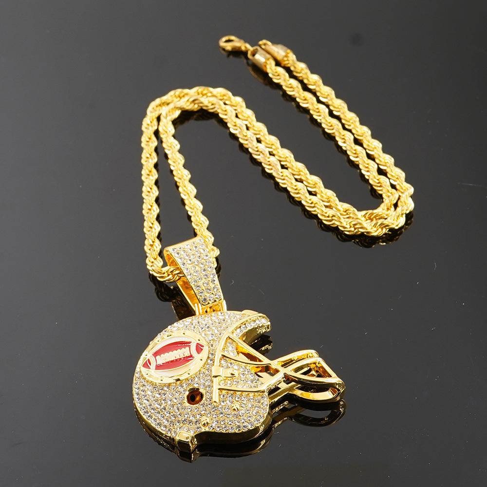 New hip-hop full diamond trend bouncing football helmet pendant with 5mm twist chain necklace