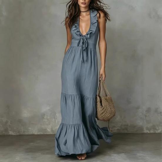 Women's Ruffle Deep V Neck Maxi Dress, Sleeveless Tiered Ruffle A-line Long Dress, Summer Beach Vacation Sundress