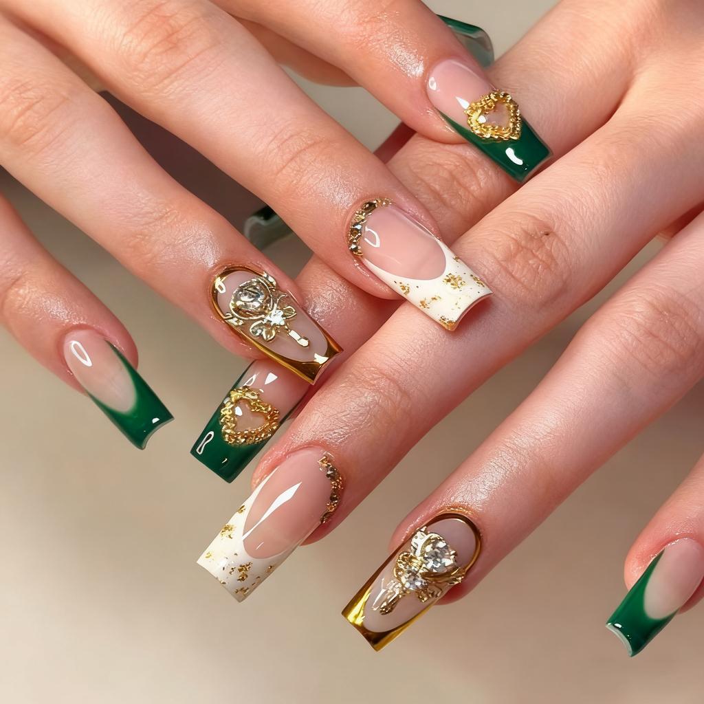 Nail Art Avanzato Moda Semplice Verde Classico Francese Flash Diamante Amore Unghia Media e Lunga da Indossare